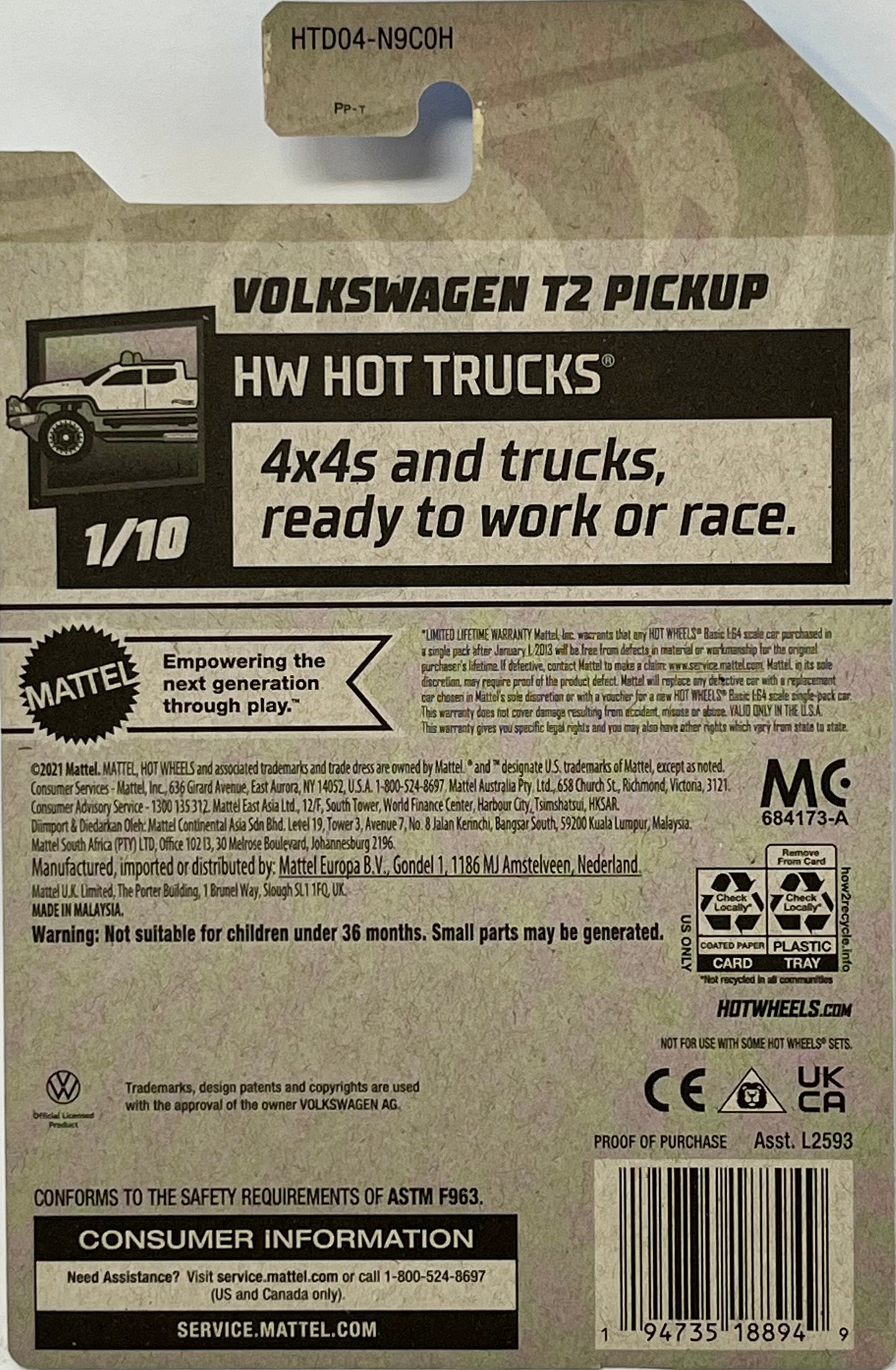 Hot Wheels Volkswagen T2 Pickup Light Gray 42/250 HW Hot Trucks 1/10