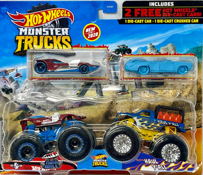 Hot Wheels Monster Trucks Twin Mill vs Haul Y’all with Twin Mill & Crushed Cars 1:64 Scale