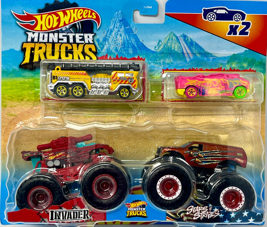 Hot Wheels Monster Trucks Invader vs Stars and Stripes  w/ 5 Alarm & Crushed Car