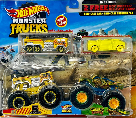 Hot Wheels Monster Trucks 5 Alarm #81 vs Chassis Snapper with 5 Alarm and Crushed Car