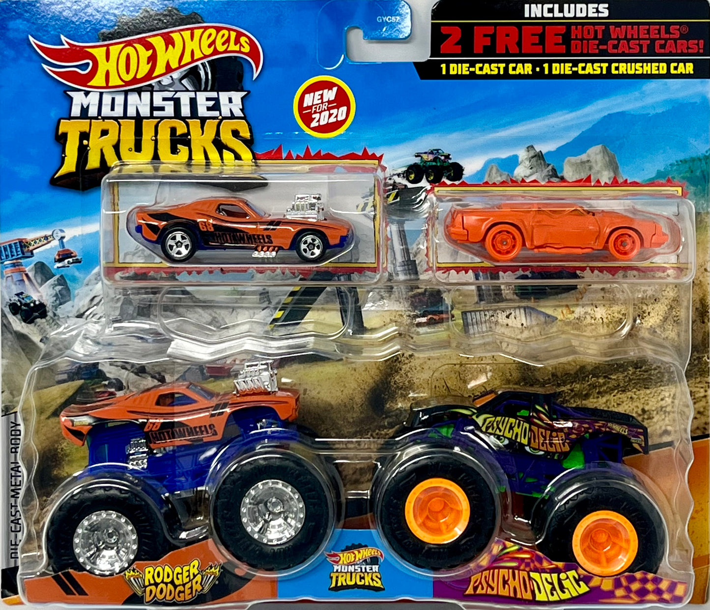 Hot Wheels Monster Trucks Rodger Dodger vs Psycho Delic with Rodger Dodger and Crushed Car