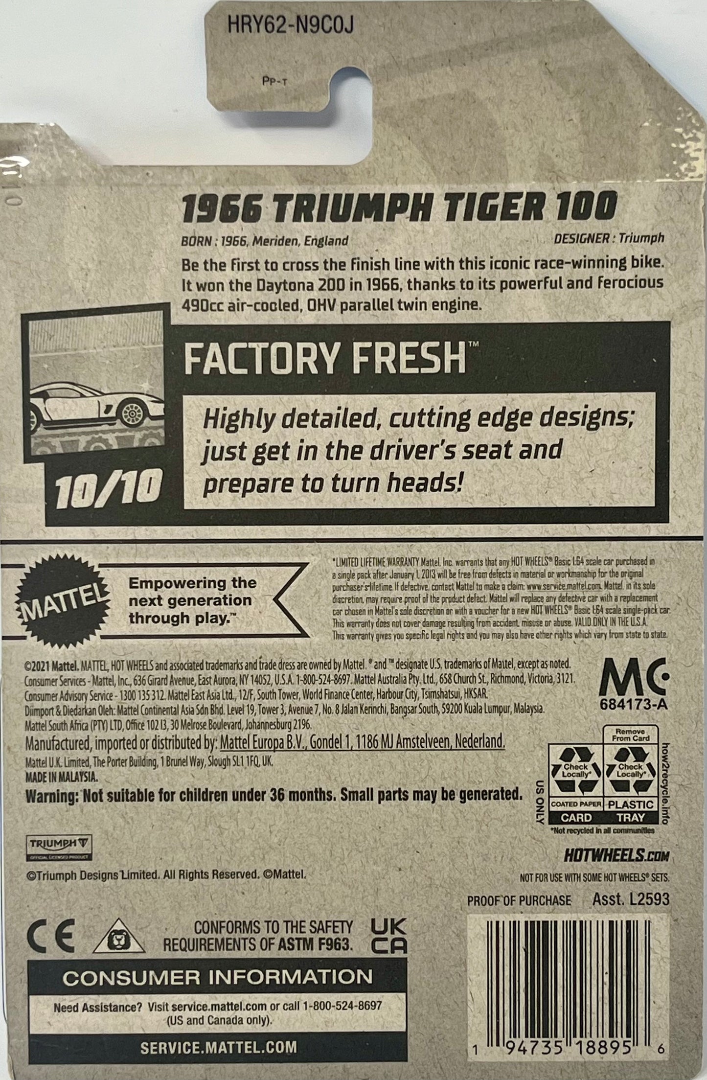 Hot Wheels 1966 Triumph Tiger 100 190/250 Factory Fresh 10/10