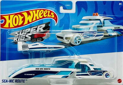 Hot Wheels Super Rigs Sea Nic Route Hauler & Boat Car Blue White