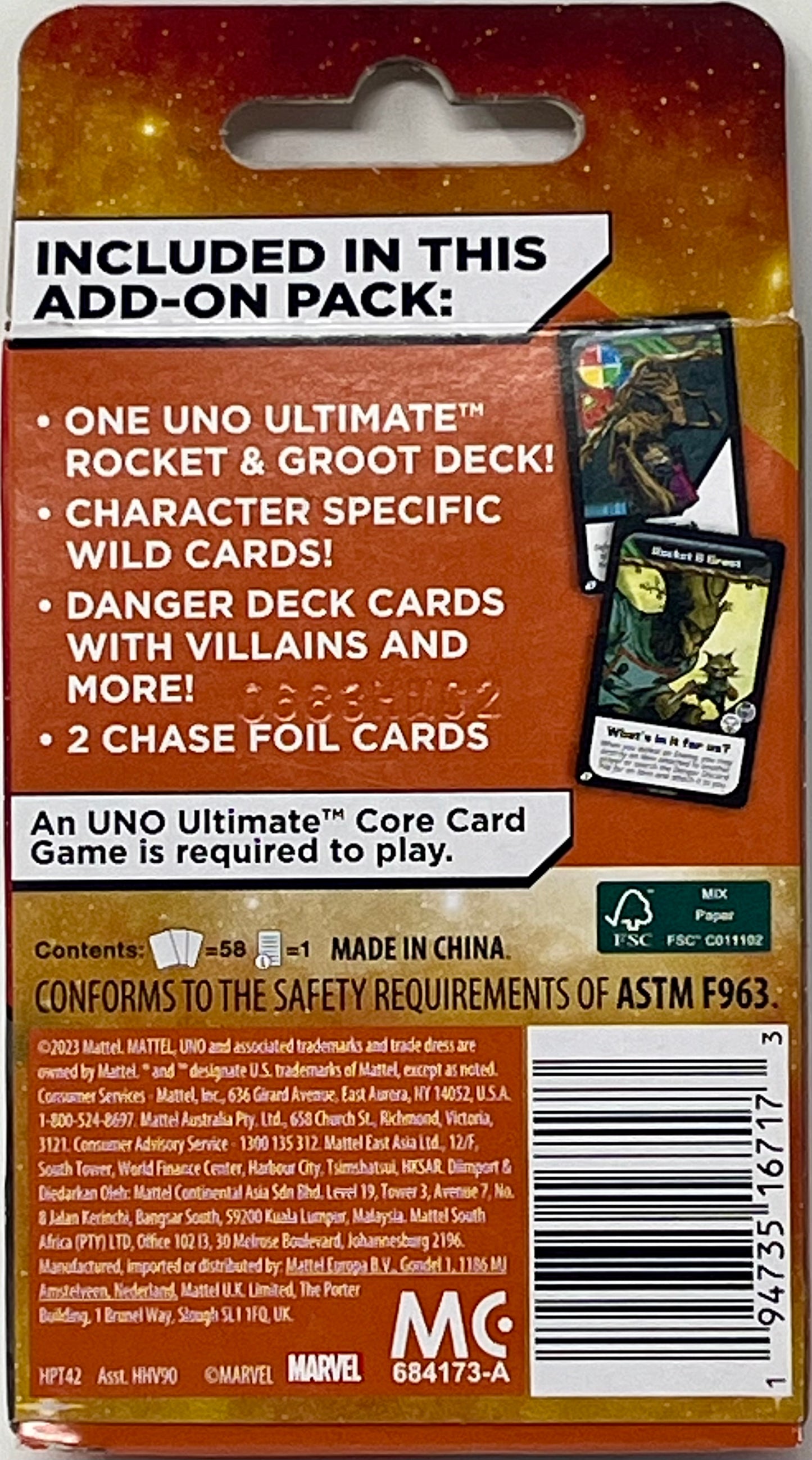 Uno Ultimate Marvel Add On Rocket And Groot Character Deck W/ 2 Chase Foil Cards