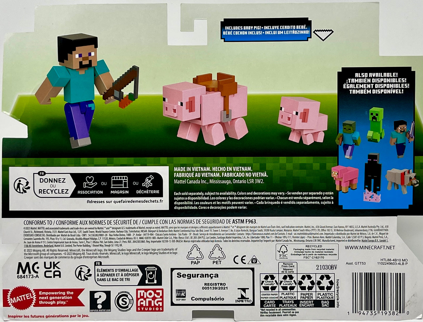 Mattel Minecraft Steve & Pigs, 3.25-inch Action Figure 2-Packs, 2 Figures and 2 Accessories