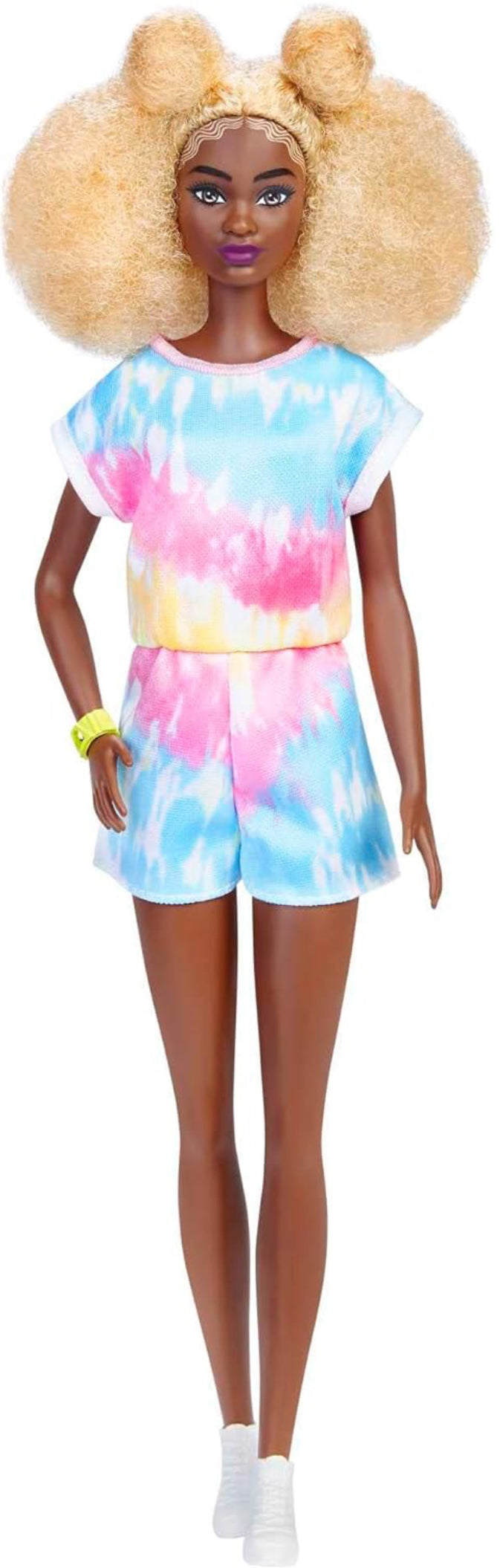 Barbie Fashionistas Doll, Tall, Blonde Afro with Side Puffs, Tie-dye Romper, Sneakers, Yellow Bracelet, Toy for Kids 3 to 8 Years Old