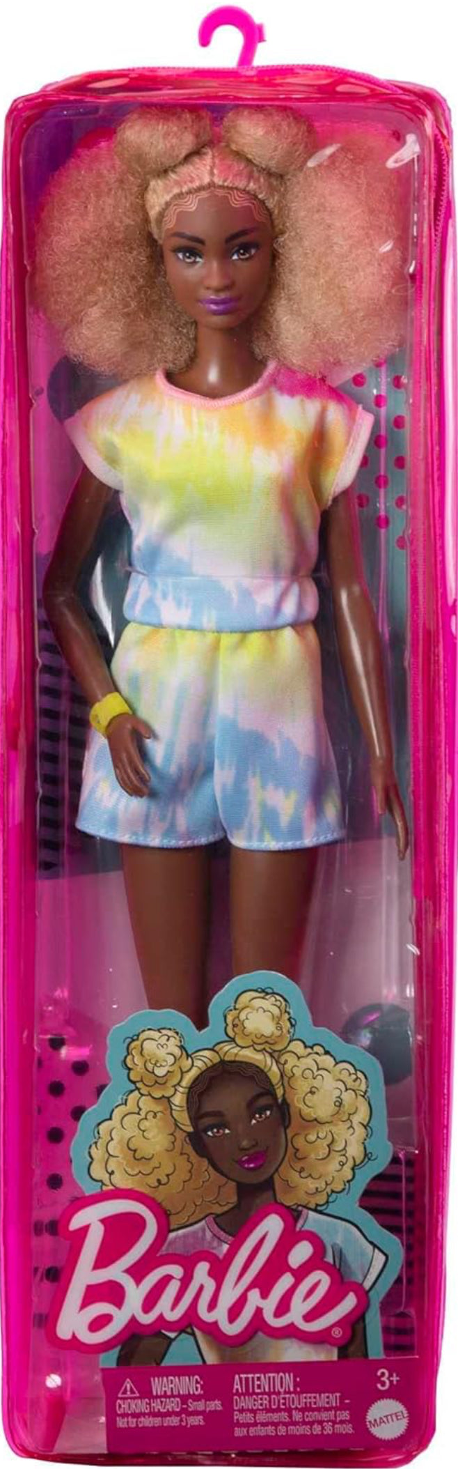 Barbie Fashionistas Doll, Tall, Blonde Afro with Side Puffs, Tie-dye Romper, Sneakers, Yellow Bracelet, Toy for Kids 3 to 8 Years Old