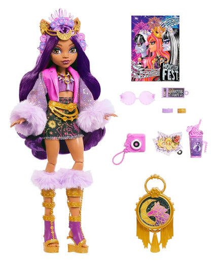 Monster High Monster Fest Doll, Clawdeen Wolf with Glam Outfit & Festival Themed Accessories Like Snacks, Band Poster, Statement Bag & More