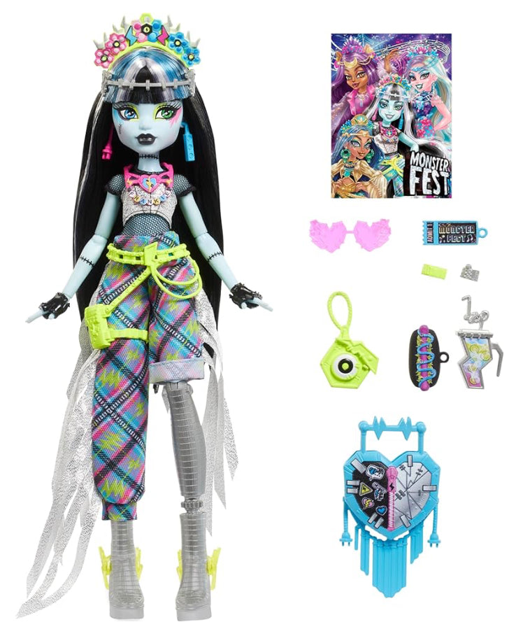 Monster High Monster Fest Doll, Frankie Stein with Glam Outfit & Festival Themed Accessories Like Snacks, Band Poster, Statement Bag & More