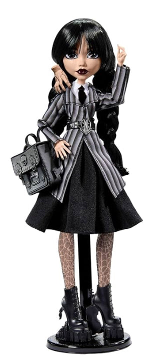 Monster High Wednesday Doll and Accessories, Wednesday Addams Collectible in Nevermore Academy Uniform with Thing and Backpack, Doll Stand