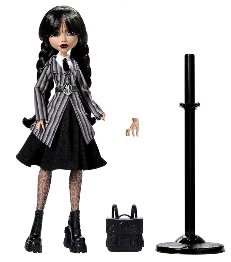 Monster High Wednesday Doll and Accessories, Wednesday Addams Collectible in Nevermore Academy Uniform with Thing and Backpack, Doll Stand