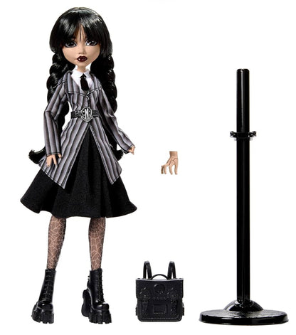 Monster High Wednesday Doll and Accessories, Wednesday Addams Collectible in Nevermore Academy Uniform with Thing and Backpack, Doll Stand