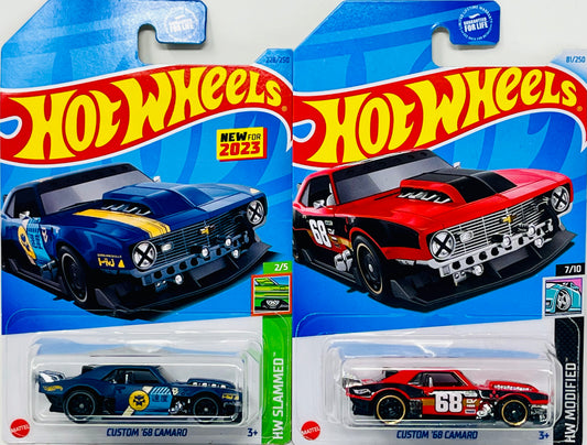 Two Hot Wheels - Custom '68 Camaro 2024 Red 2023 Blue HW Modified Slammed