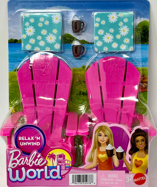 Barbie World Pink Chair Playset with 6 Accessories Including Furniture, Blankets, & Mugs