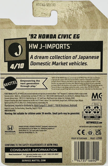 Two Hot Wheels  Red '92 Honda Civic EG (#4/10)  J-Imports