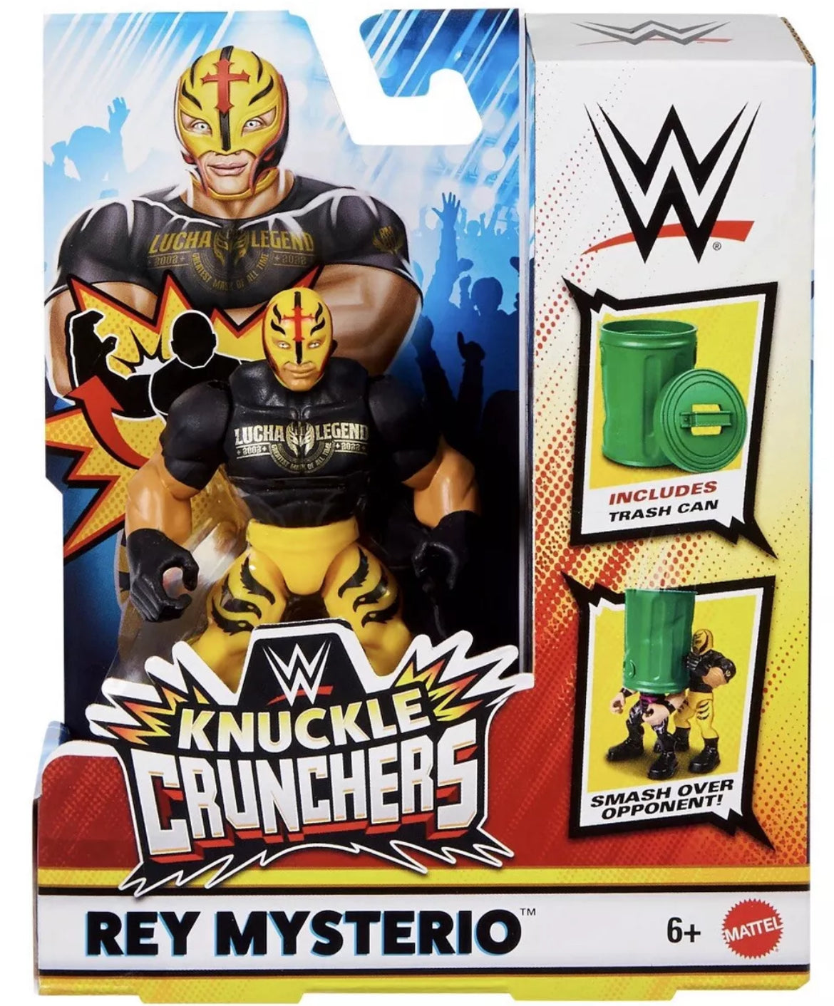 WWE Knuckle Crunchers Rey Mysterio Action Figure & Accessories, Bone-Crunching Movement, 3.25-inch