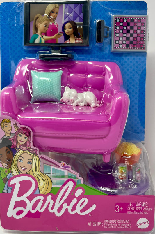 Barbie Indoor Furniture Playset, Living Room Includes Kitten, Furniture and Accessories for Movie and Game Night