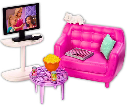 Barbie Indoor Furniture Playset, Living Room Includes Kitten, Furniture and Accessories for Movie and Game Night