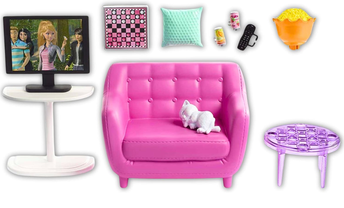 Barbie Indoor Furniture Playset, Living Room Includes Kitten, Furniture and Accessories for Movie and Game Night