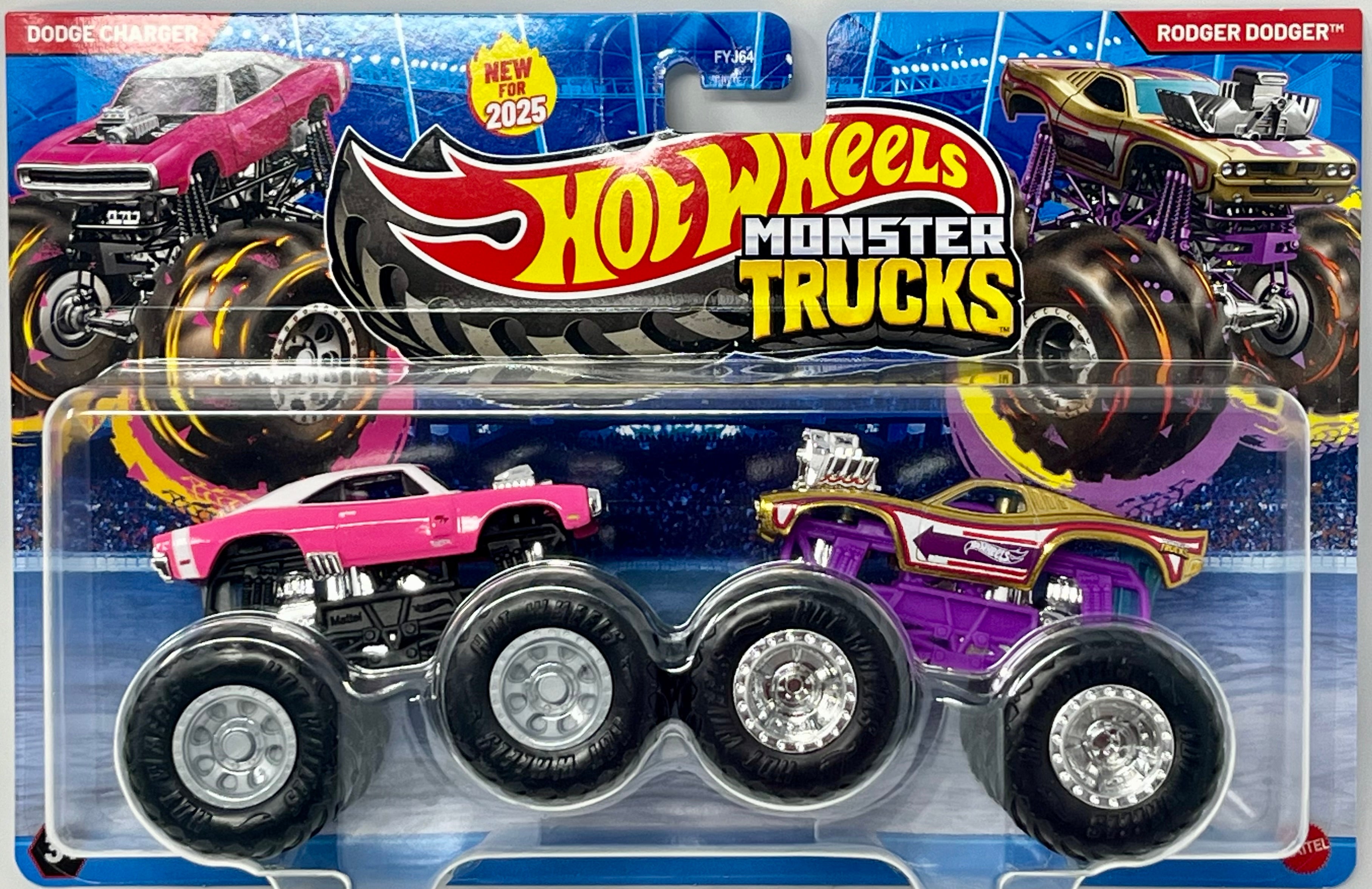 Hot Wheels Monster Trucks Dodge Charger Pink vs Rodger Dodger Gold Toy Wrangler