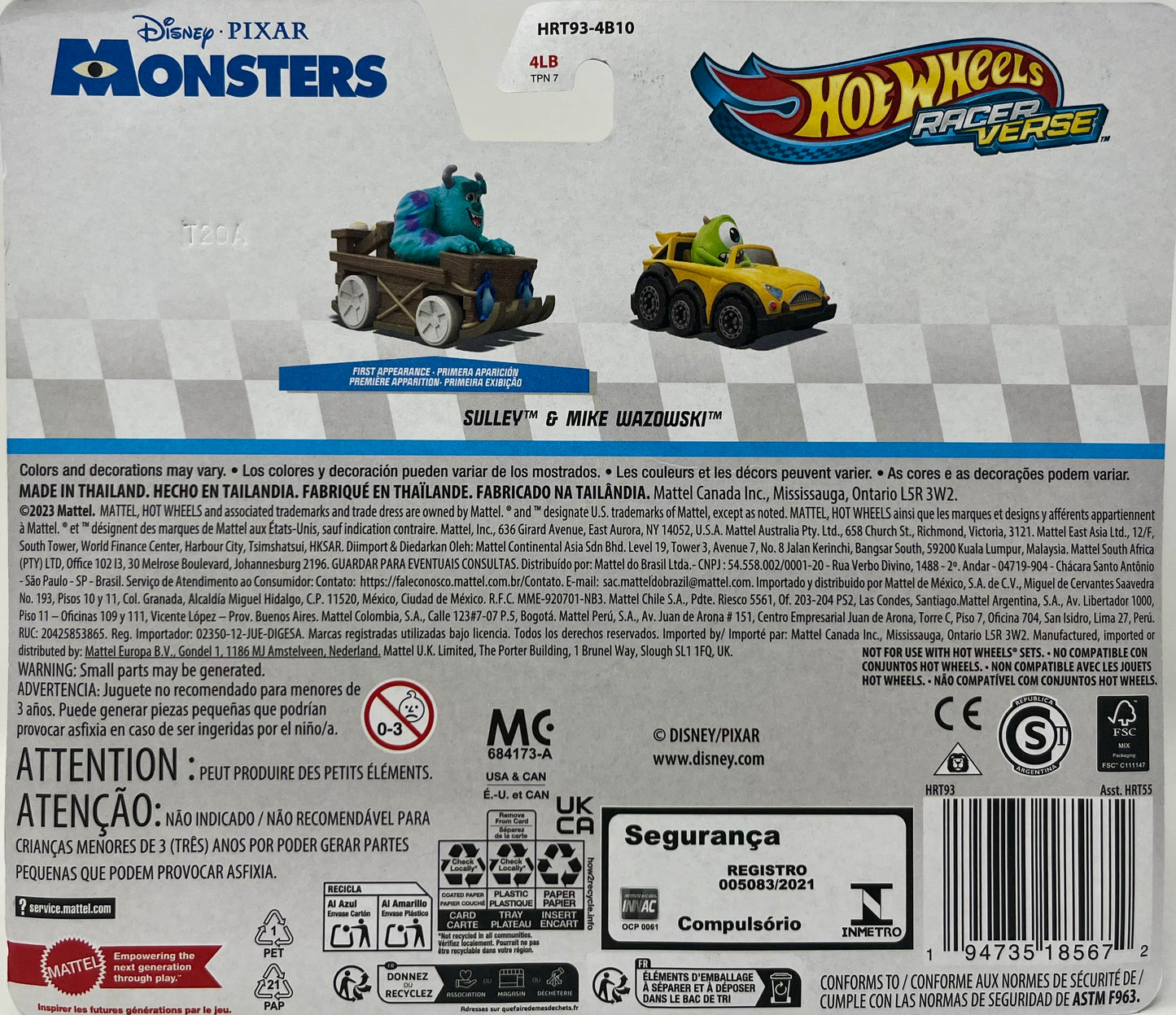 Hot Wheels Disney Pixar Monsters Sulley & Mike Wazowski RacerVerse Diecast Vehicles 2pk