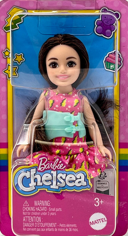 Barbie Chelsea Doll, Small Doll with Brace for Scoliosis Spine Curvature, Brunette Wearing Pink Lightning Bolt Dress