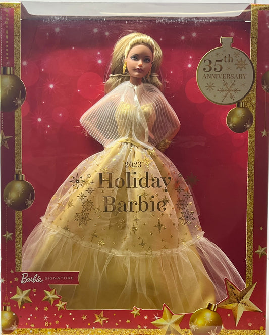 Barbie 13" Signature 2023 Holiday Collector Doll Golden Gown, Light Brown Hair