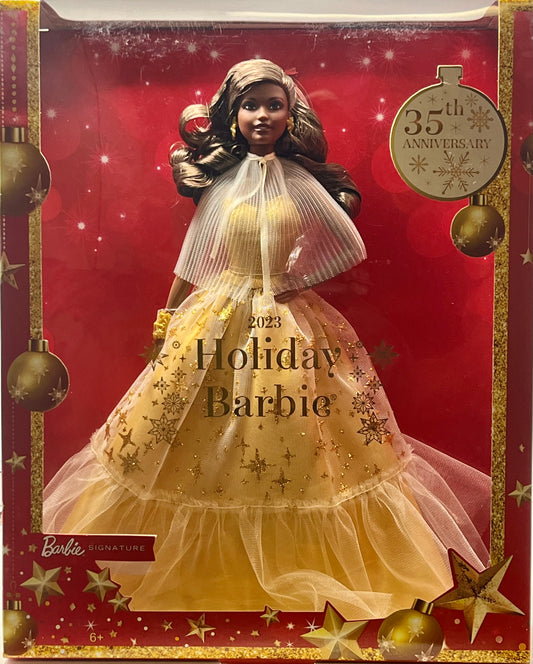 Barbie 13" Signature 2023 Holiday Collector Doll Golden Gown, Dark Brown Hair