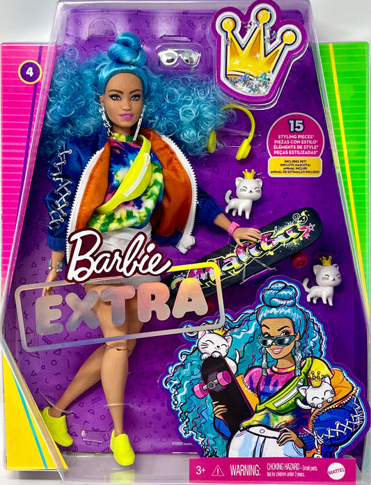 Barbie Extra Doll #4, Curvy, in Zippered Bomber Jacket with 2 Pet Kittens, Extra-Curly Blue Hair, Layered Outfit & Accessories Including Skateboard, Multiple Flexible Joints, For Kids 3 Years Old & Up