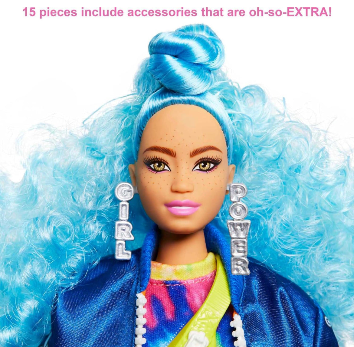 Barbie Extra Doll #4, Curvy, in Zippered Bomber Jacket with 2 Pet Kittens, Extra-Curly Blue Hair, Layered Outfit & Accessories Including Skateboard, Multiple Flexible Joints, For Kids 3 Years Old & Up