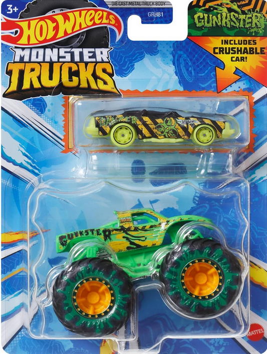 Hot Wheels Monster Trucks Gunkster 2 Pack Plus + Bonus Crushable Race Car 2024 Diecast 1:64 Scale